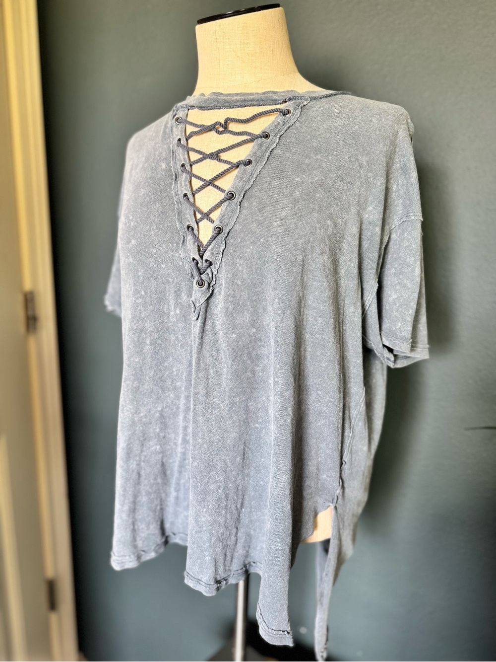 We The Free Washed blue Lace-Up V-Neck Short Sleeve Tee